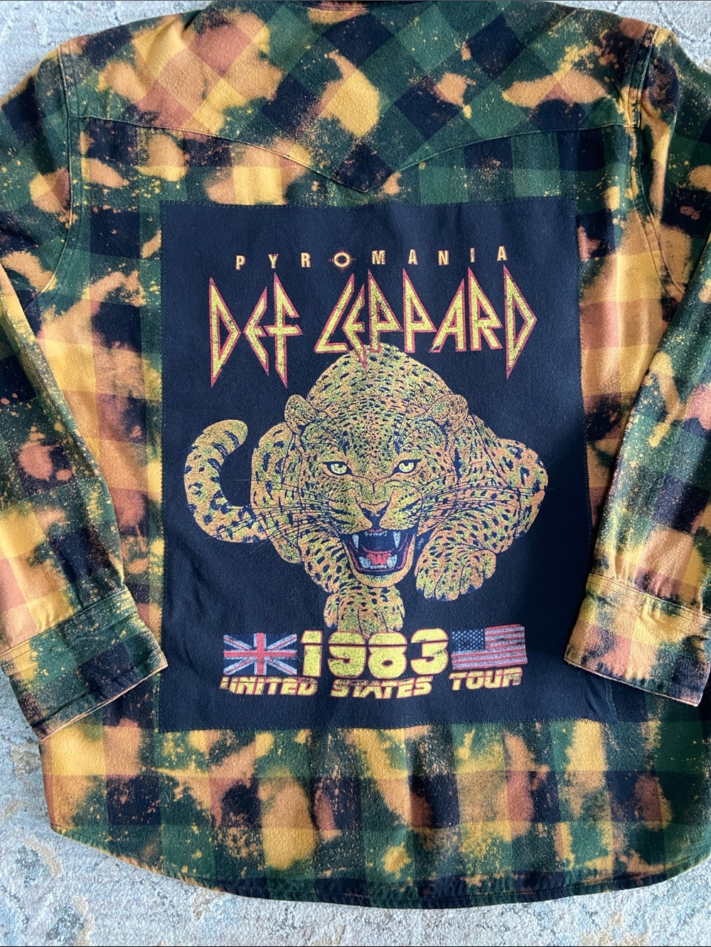 Hand Crafted  Distressed Def Leppard Pyromania Graphic and Flannel Shirt
